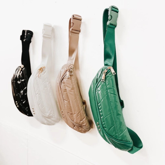 Taupe Shiny Quilted Puffer Bum Sling Crossbody Bag - Picture 4 of 5